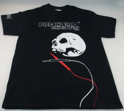 KINGPIN COOLING hollow black logo front and sleeve. Old school skull and dmm leads graphic on front.