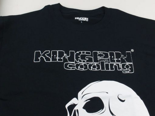 KINGPIN COOLING hollow black logo front and sleeve. Old school skull and dmm leads graphic on front.