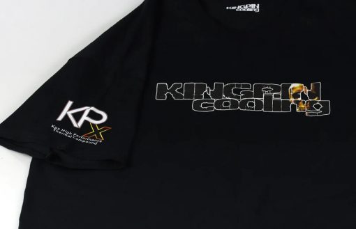 KINGPIN COOLING KPx golden skull black T-shirt with dark/skull KPC logo on front and KPx logo on sleeve.