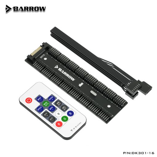 An 16-way controler with remote for the LRC2.0 version lighting control system from Barrow. Some examples of application are the Multi color LED strips (LD2RT-50, LD2RT-100) as well as several waterblocks, or anything from Barrow with the LCR2.0 logo on it. This can control the color mode (67 colors), speed (8 Speeds), and offers full manual control. It also features an automatic memory, so whatever you have it set to to, it will resume when powered on next.