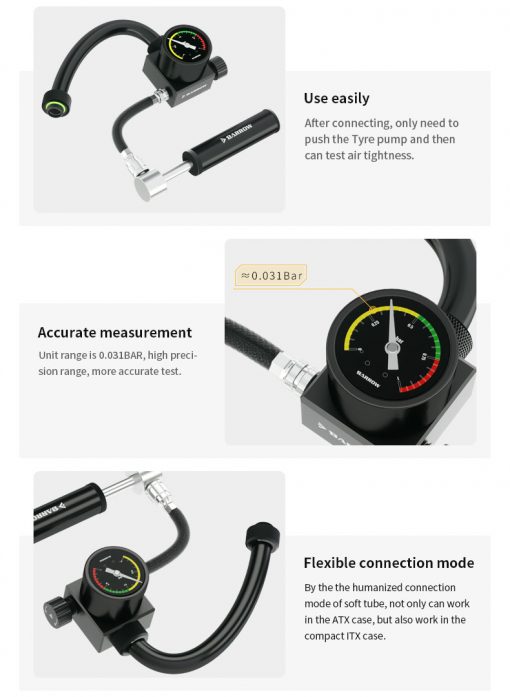 The Barrow Leak tester is a fast and safe way of testing for possible leaks in your liquid cooling loop. While traditional leak testing works, it requires hours before very small leaks are detected and then things can become messy. The Barrow Leak Tester does the job almost instantly!