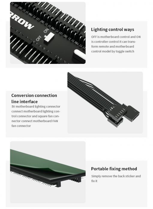 An 16-way controler with remote for the LRC2.0 version lighting control system from Barrow. Some examples of application are the Multi color LED strips (LD2RT-50, LD2RT-100) as well as several waterblocks, or anything from Barrow with the LCR2.0 logo on it. This can control the color mode (67 colors), speed (8 Speeds), and offers full manual control. It also features an automatic memory, so whatever you have it set to to, it will resume when powered on next.