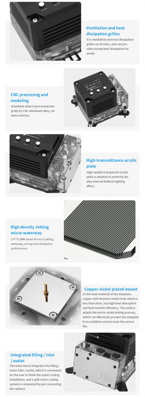 Want a unique CPU waterblock with an integrated pump and reservoir?? Well you're in luck because Barrowch has you and your CPU covered! Designed for Intel consumer and workstation platform this block will work with X99 and X299 socket CPUs. This bock has 49 tiny 0.4 x0.2.. dense micro-jettting waterways. The block includes an adapter that has the inlet, outlet, and fillport the the block/reservoir. This new block should be on the top of your list if you are trying to simplify your watercooling loop or your system is in a very small and tight mini-ITX, mini tower or HTPC chassis that is devoid in extra space.