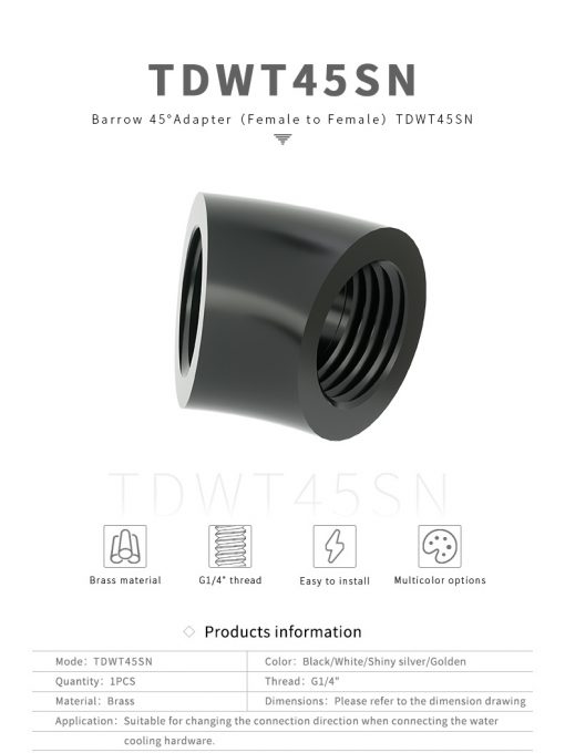 Make tight 45 degree angles in your system without running the risk of kinking or breaking your tubing. Two G1/4" threaded ports allow you to attach nearly any standard G1/4" fitting or barb to this adaptor.