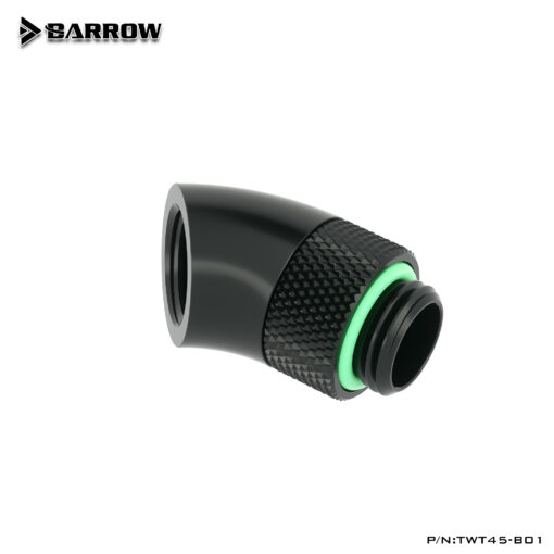 The Barrow G1/4" Thread 45-Degree Rotary Fitting Adapter allows you to extend your fitting port at a 45 degree angle, allowing larger fittings to be used or allowing connection of other fittings! A great solution for people not using tubing between very close blocks! These have a rotary connection allowing the adapter to spin 360 degrees. This keeps tubing from kinking or breaking.