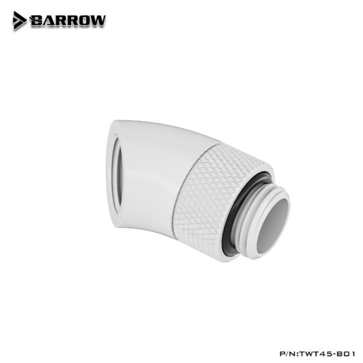 The Barrow G1/4" Thread 45-Degree Rotary Fitting Adapter allows you to extend your fitting port at a 45 degree angle, allowing larger fittings to be used or allowing connection of other fittings! A great solution for people not using tubing between very close blocks! These have a rotary connection allowing the adapter to spin 360 degrees. This keeps tubing from kinking or breaking.