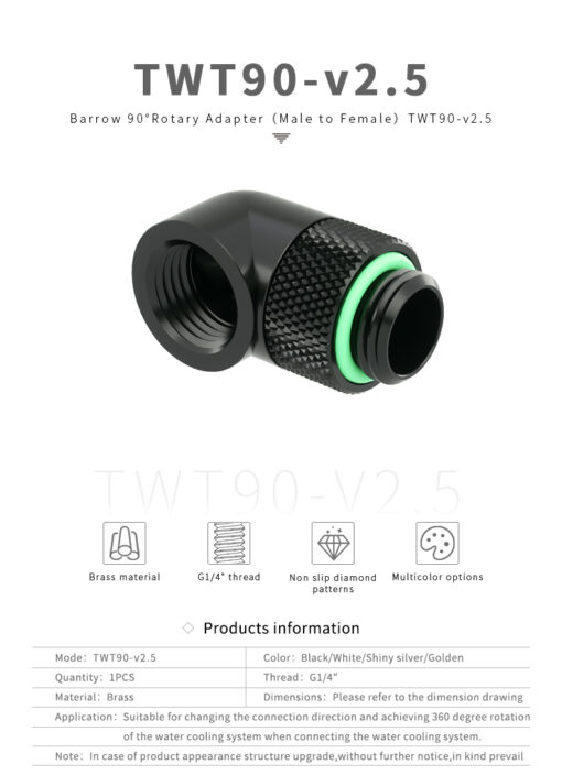 <div class="value"> Barrow 90°Rotary Adapter (Male to Female) </div> Made of Brass and achieves 360° direction.