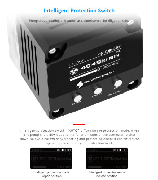 These Barrowch Pumps include a integrated OLED Display and intelligent protection switch 'Auto' turn on protection mode, when the fault stops working it will control the computer to shut down, prevent overheating and protecting the hardware, pump cover and full cover aluminum alloy shell. They have a max flow of 960 L/H.