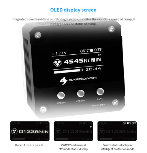 These Barrowch Pumps include a integrated OLED Display and intelligent protection switch 'Auto' turn on protection mode, when the fault stops working it will control the computer to shut down, prevent overheating and protecting the hardware, pump cover and full cover aluminum alloy shell. They have a max flow of 960 L/H.