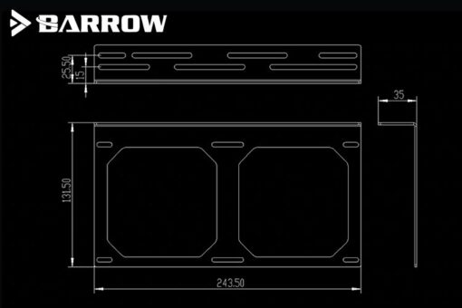 This L Bracket is suitable for mounting a 240mm radiator inside or outside a PC. Overall Dimensions: 243.50mm x 131.50mm x 35mm