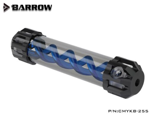 The Barrow Dark night series T Virus spiral Reservoir comes in 155, 205, and 305MM in lengths and has 4 G1/4 ports 1 on each end, and 2 on the side. This reservoir is made of gorgeous black anodized aluminum with a crystal clear acrylic tube.