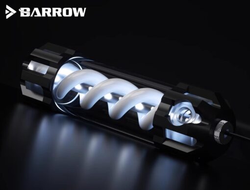 The Barrow Dark night series T Virus spiral Reservoir comes in 155, 205, and 305MM in lengths and has 4 G1/4 ports 1 on each end, and 2 on the side. This reservoir is made of gorgeous black anodized aluminum with a crystal clear acrylic tube.