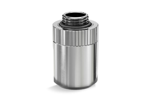 A revolvable angled (90°) adapter fitting with G1/4" threads. In the form of a cylinder, it is very sturdy and there are zero movements in the revolvable joint.