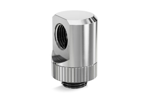 A revolvable angled (90°) adapter fitting with G1/4" threads. In the form of a cylinder, it is very sturdy and there are zero movements in the revolvable joint.