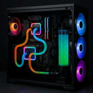 Custom-built gaming PC with RGB water cooling loop, featuring illuminated coolant tubes, CPU and GPU water blocks, dual fans, and a vertical reservoir inside a black mid-tower case.