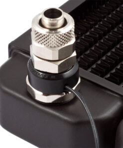 This temperature sensor is equipped with one G1/4 inner thread and one G1/4 outer thread with o-ring seal and can be installed directly between water block/radiator and hose fitting. Cable lenght approx. 60 cm, female connector.